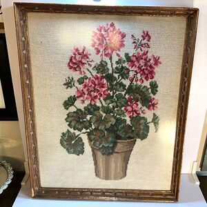 Absolute best vintage framed needlepoint potted pink geraniums large size